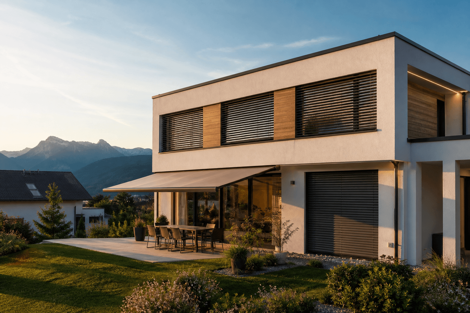 Schweizer Wohnhaus mit Lamellenstoren, Rollladen und Markise bei warmem Abendlicht